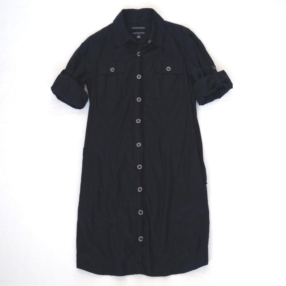 Banana Republic 3/4 Sleeve Black Soft Italian Cotton Button Down Shirt Dress 2 - Picture 1 of 16